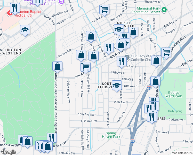 map of restaurants, bars, coffee shops, grocery stores, and more near 628 Center Way Southwest in Birmingham