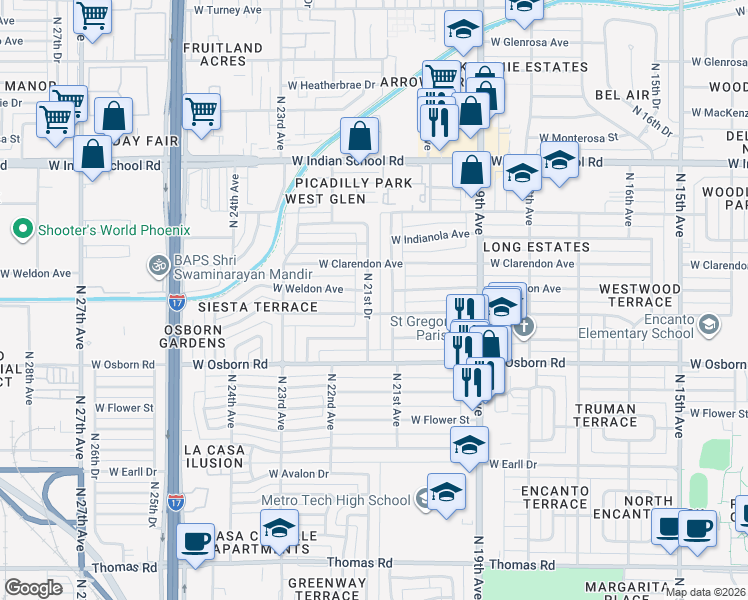map of restaurants, bars, coffee shops, grocery stores, and more near 3626 North 21st Avenue in Phoenix