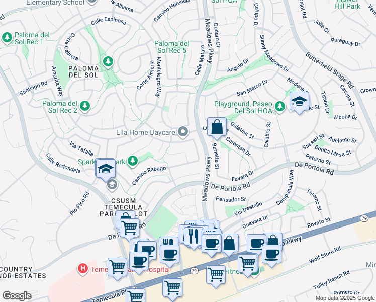 map of restaurants, bars, coffee shops, grocery stores, and more near 32219 Camino Caliari in Temecula