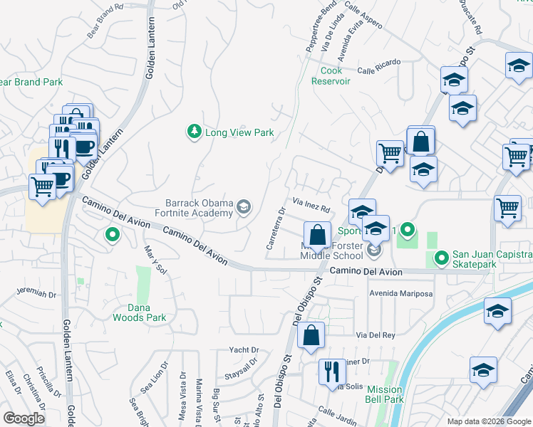 map of restaurants, bars, coffee shops, grocery stores, and more near 32541 Carreterra Drive in San Juan Capistrano