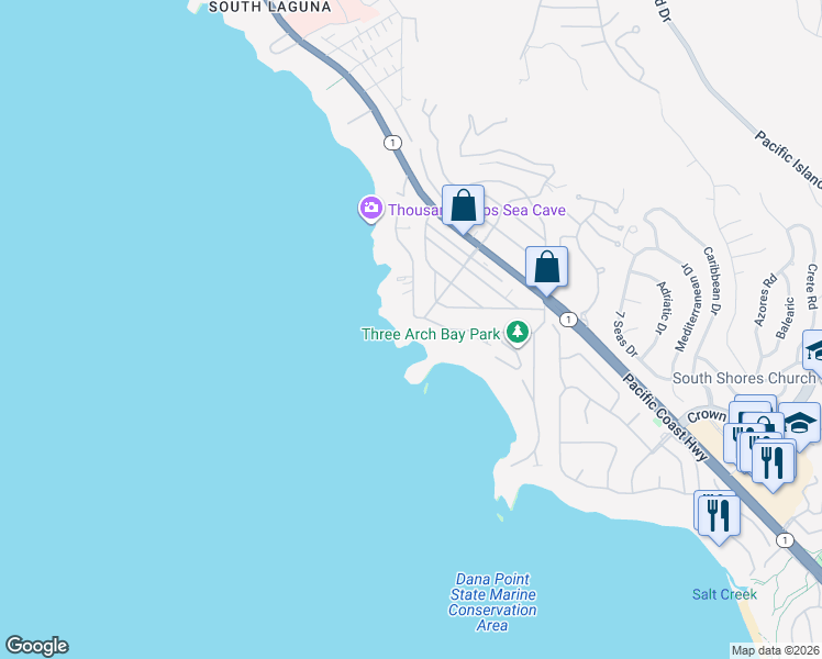 map of restaurants, bars, coffee shops, grocery stores, and more near 3 North La Senda Drive in Laguna Beach