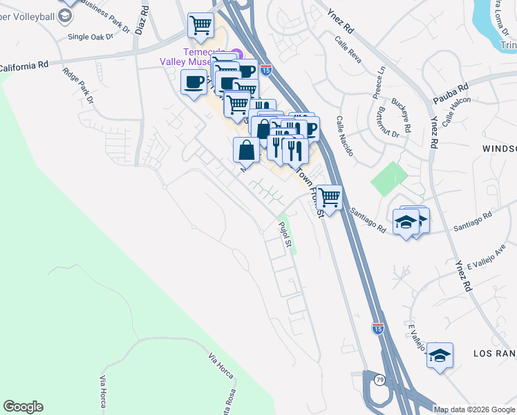 map of restaurants, bars, coffee shops, grocery stores, and more near 28717 Pujol Street in Temecula