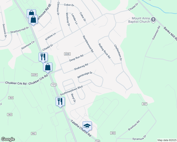 map of restaurants, bars, coffee shops, grocery stores, and more near 308 Bainbridge Drive in Aiken