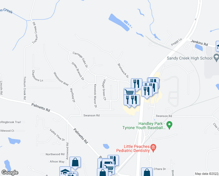 map of restaurants, bars, coffee shops, grocery stores, and more near 111 Wilmington Place in Tyrone