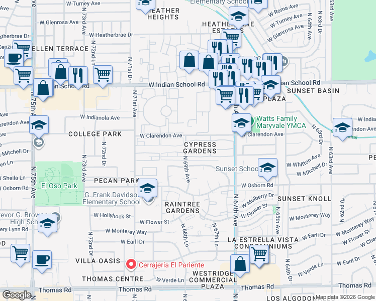 map of restaurants, bars, coffee shops, grocery stores, and more near 3602 North 69th Avenue in Phoenix