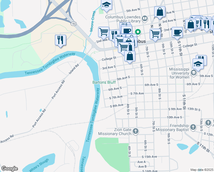 map of restaurants, bars, coffee shops, grocery stores, and more near 501 2nd Street South in Columbus