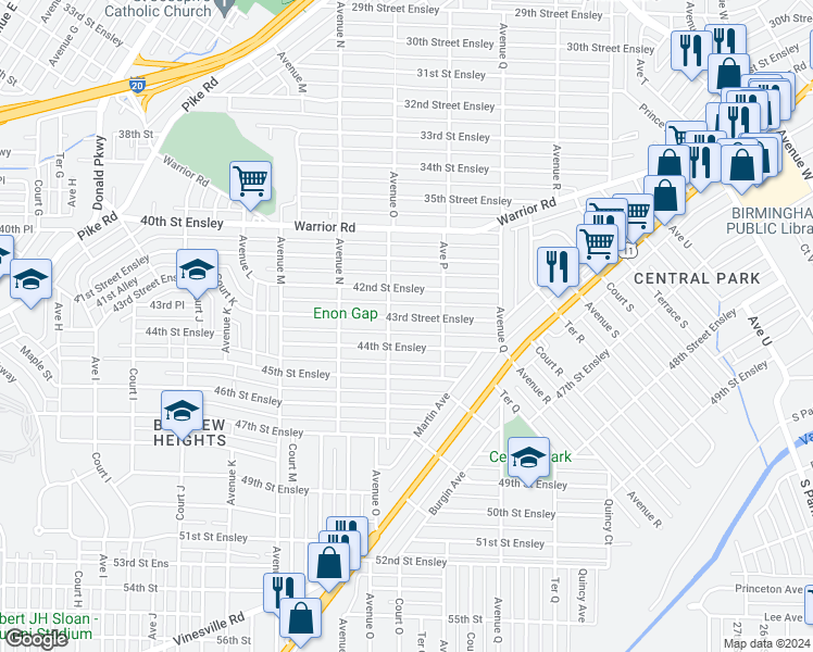 map of restaurants, bars, coffee shops, grocery stores, and more near 1507 43rd Street Ensley in Birmingham