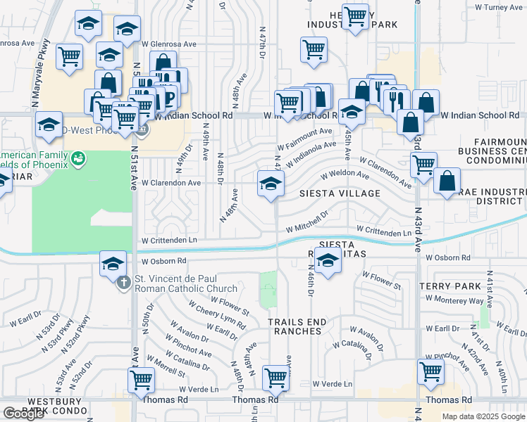 map of restaurants, bars, coffee shops, grocery stores, and more near 3600 North 47th Avenue in Phoenix