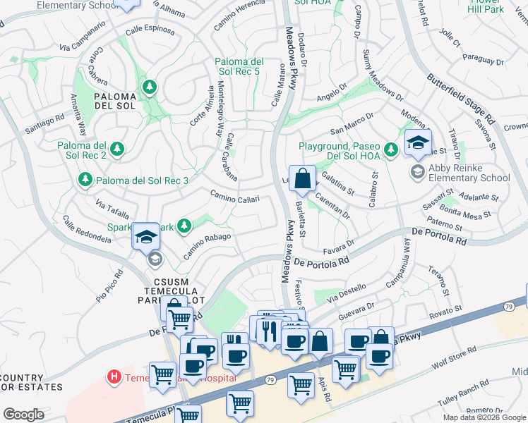 map of restaurants, bars, coffee shops, grocery stores, and more near 32219 Camino Caliari in Temecula