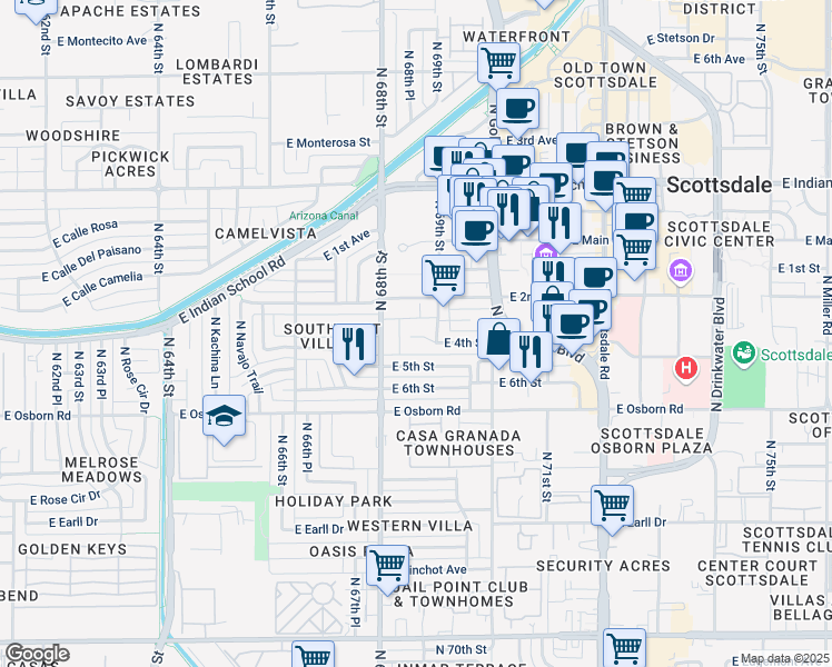 map of restaurants, bars, coffee shops, grocery stores, and more near 6835 East 4th Street in Scottsdale
