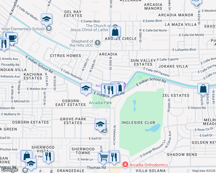 map of restaurants, bars, coffee shops, grocery stores, and more near 5525 East Calle Ventura in Phoenix