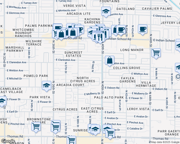 map of restaurants, bars, coffee shops, grocery stores, and more near 3624 North 39th Street in Phoenix