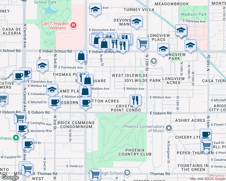 map of restaurants, bars, coffee shops, grocery stores, and more near 1010 East Weldon Avenue in Phoenix