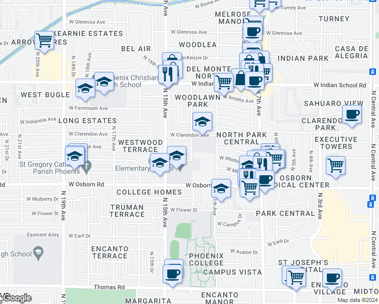 map of restaurants, bars, coffee shops, grocery stores, and more near 1302 West Weldon Avenue in Phoenix