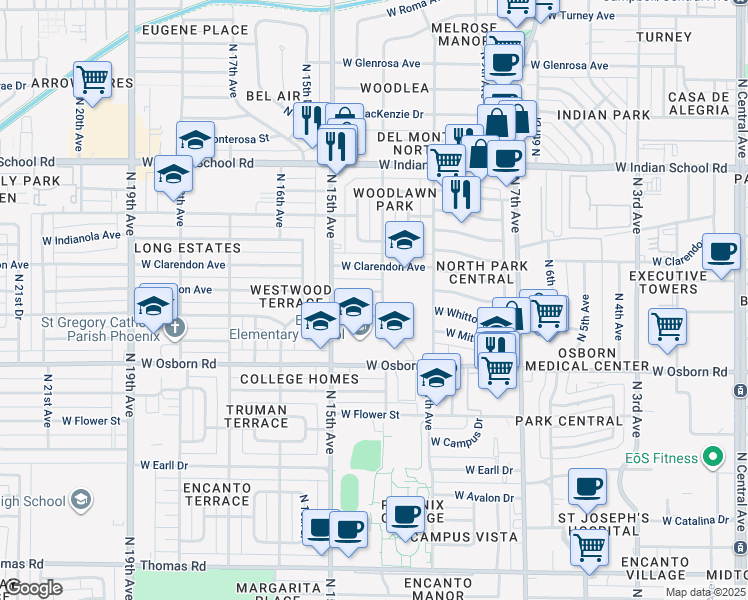 map of restaurants, bars, coffee shops, grocery stores, and more near 1302 West Weldon Avenue in Phoenix