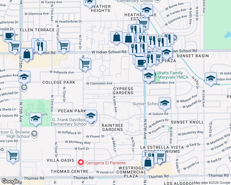 map of restaurants, bars, coffee shops, grocery stores, and more near 3602 North 69th Avenue in Phoenix