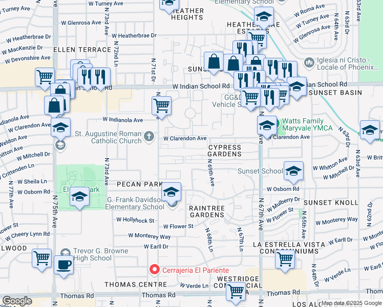 map of restaurants, bars, coffee shops, grocery stores, and more near 108 West Weldon Avenue in Phoenix