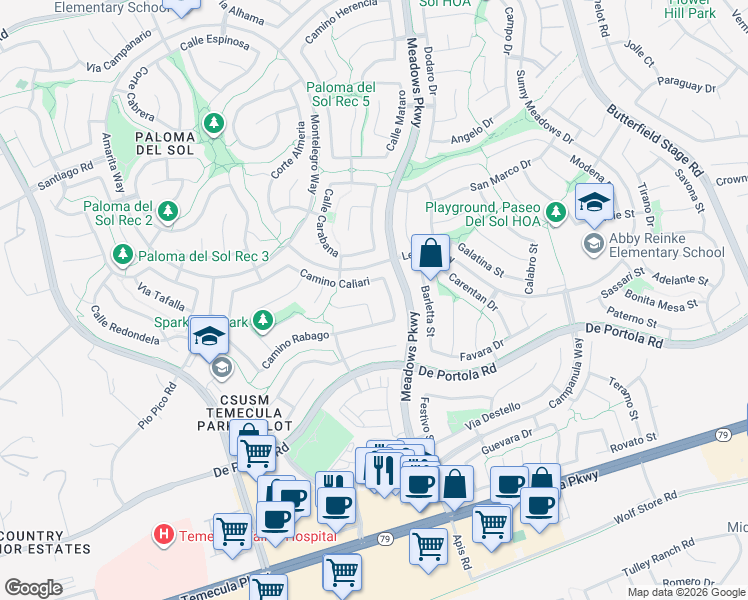 map of restaurants, bars, coffee shops, grocery stores, and more near 32219 Camino Caliari in Temecula