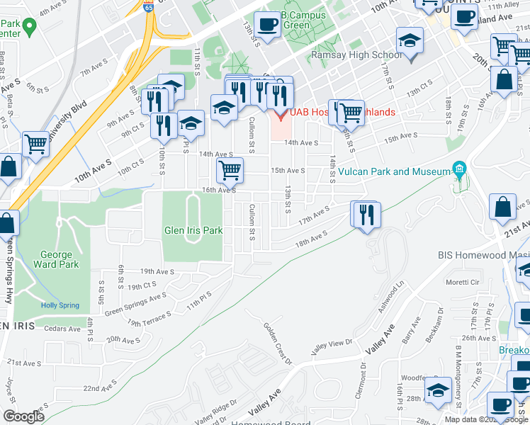 map of restaurants, bars, coffee shops, grocery stores, and more near 1603 Cullom Street South in Birmingham