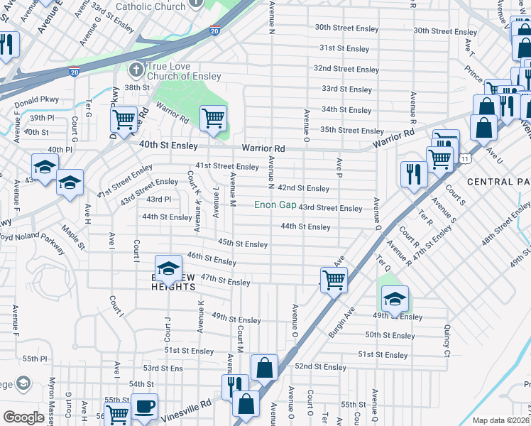 map of restaurants, bars, coffee shops, grocery stores, and more near 1404 43rd Street Ensley in Birmingham