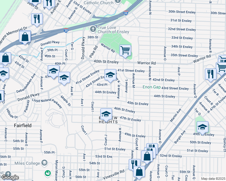 map of restaurants, bars, coffee shops, grocery stores, and more near 1025 44th Street Ensley in Birmingham