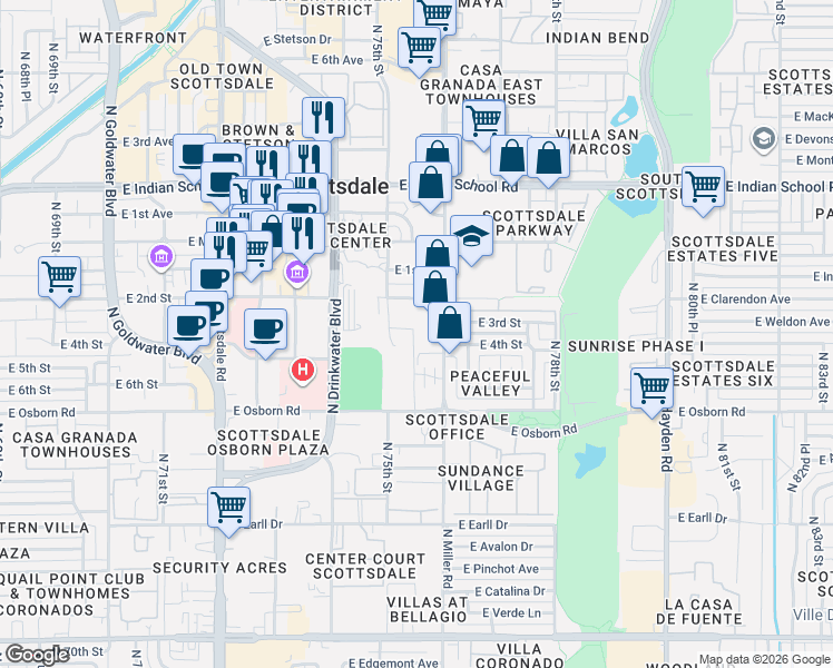 map of restaurants, bars, coffee shops, grocery stores, and more near 3620 North Miller Road in Scottsdale