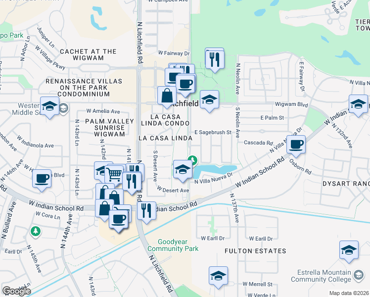map of restaurants, bars, coffee shops, grocery stores, and more near 240 Old Litchfield Road in Litchfield Park