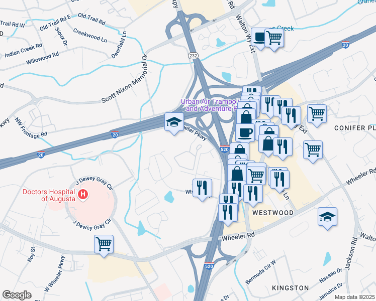 map of restaurants, bars, coffee shops, grocery stores, and more near 422 Saint Andrews Drive in Augusta