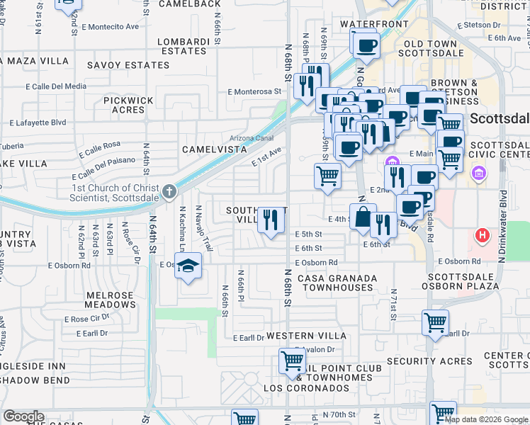 map of restaurants, bars, coffee shops, grocery stores, and more near 6714 East 3rd Street in Scottsdale