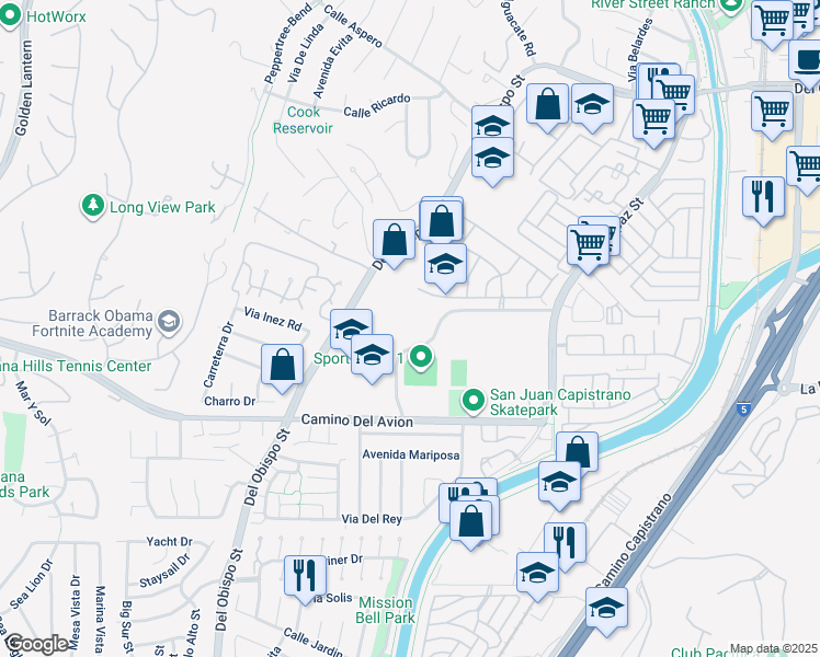map of restaurants, bars, coffee shops, grocery stores, and more near 2 Via Positiva in San Juan Capistrano