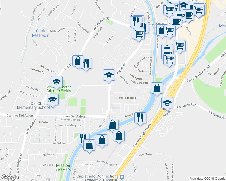 map of restaurants, bars, coffee shops, grocery stores, and more near in San Juan Capistrano