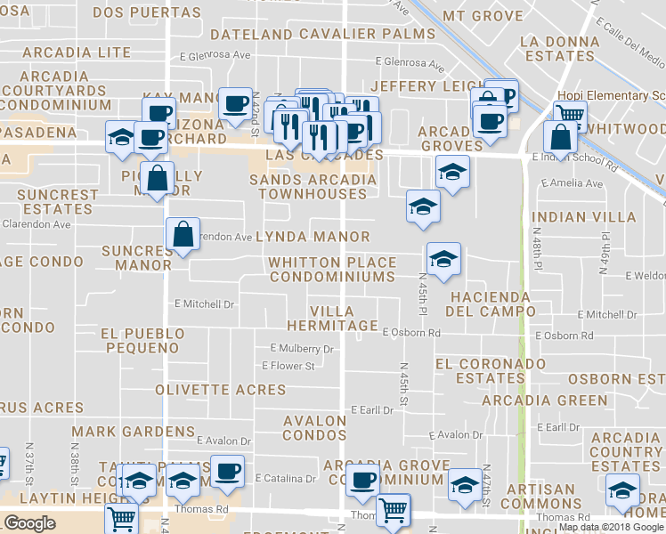 map of restaurants, bars, coffee shops, grocery stores, and more near 3610 North 44th Street in Phoenix
