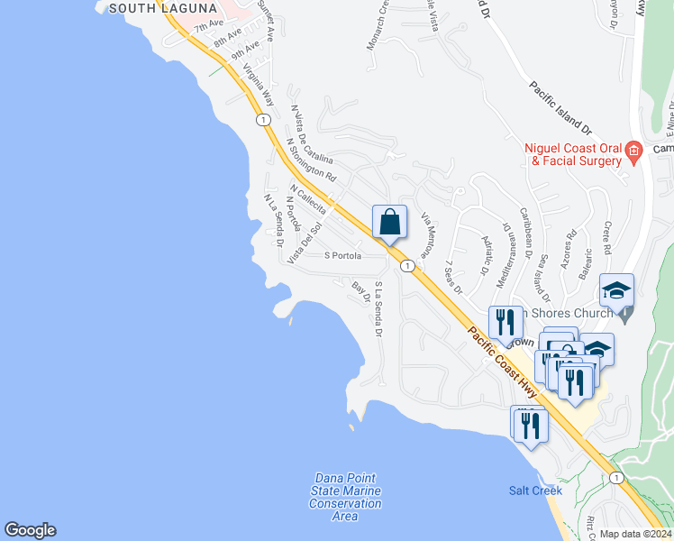 map of restaurants, bars, coffee shops, grocery stores, and more near 25 South La Senda Drive in Laguna Beach