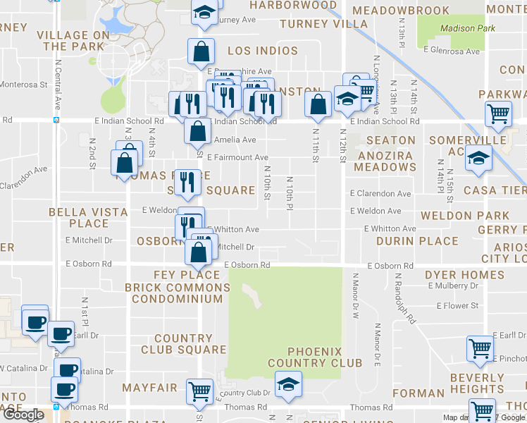 map of restaurants, bars, coffee shops, grocery stores, and more near 3703 North 9th Place in Phoenix