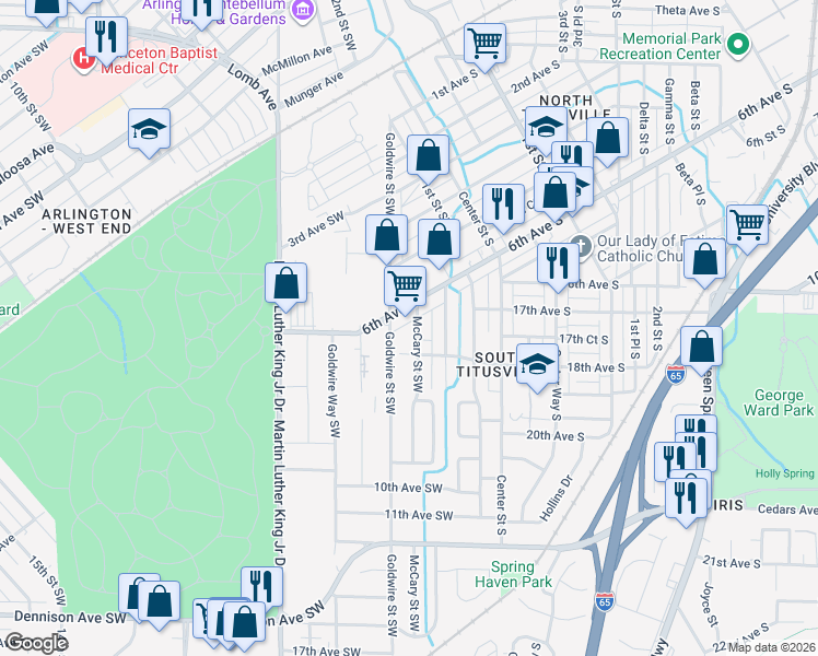 map of restaurants, bars, coffee shops, grocery stores, and more near 612 Mc Cary Street Southwest in Birmingham