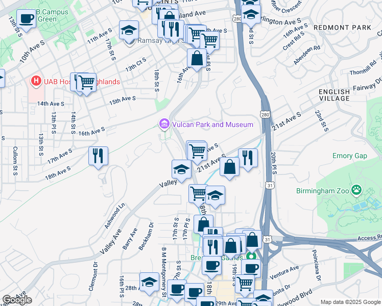 map of restaurants, bars, coffee shops, grocery stores, and more near 1916 20th Avenue South in Birmingham