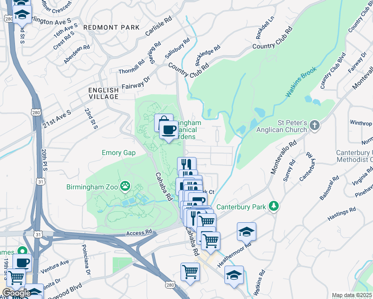map of restaurants, bars, coffee shops, grocery stores, and more near 2505 Lane Park Road in Birmingham