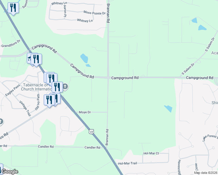 map of restaurants, bars, coffee shops, grocery stores, and more near 305 Brannan Road in McDonough