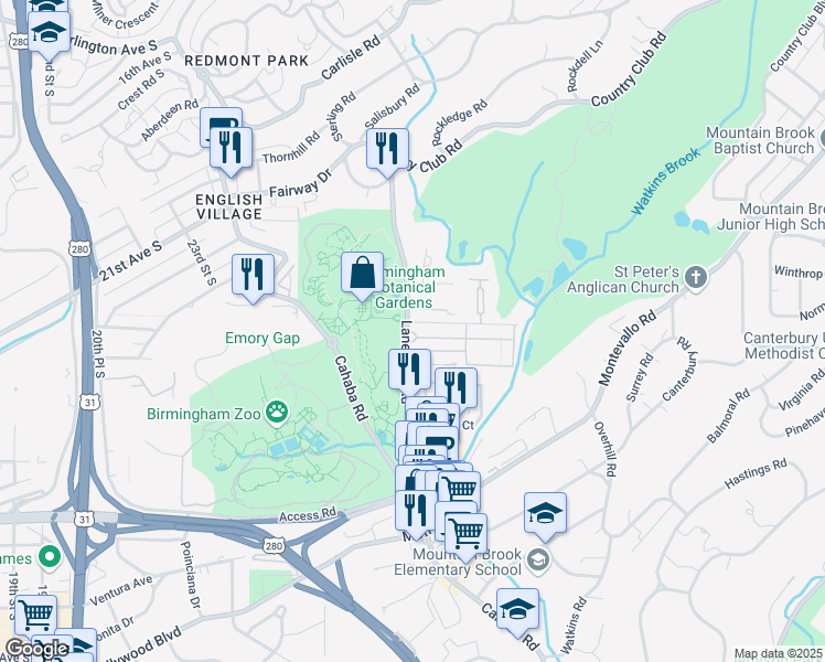 map of restaurants, bars, coffee shops, grocery stores, and more near 2505 Lane Park Road in Birmingham