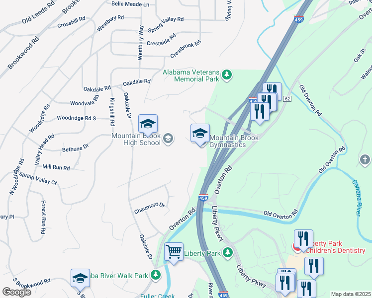 map of restaurants, bars, coffee shops, grocery stores, and more near 3677 Bethune Drive in Mountain Brook