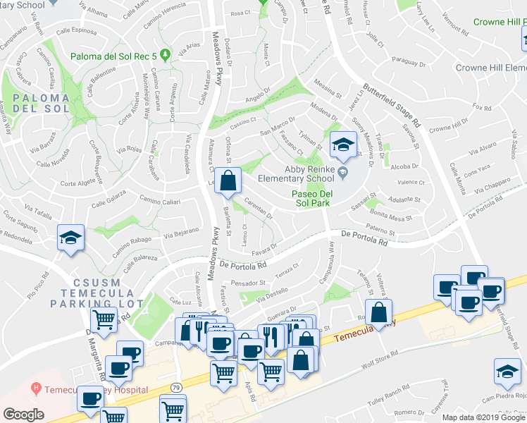 map of restaurants, bars, coffee shops, grocery stores, and more near 43891 Carentan Drive in Temecula