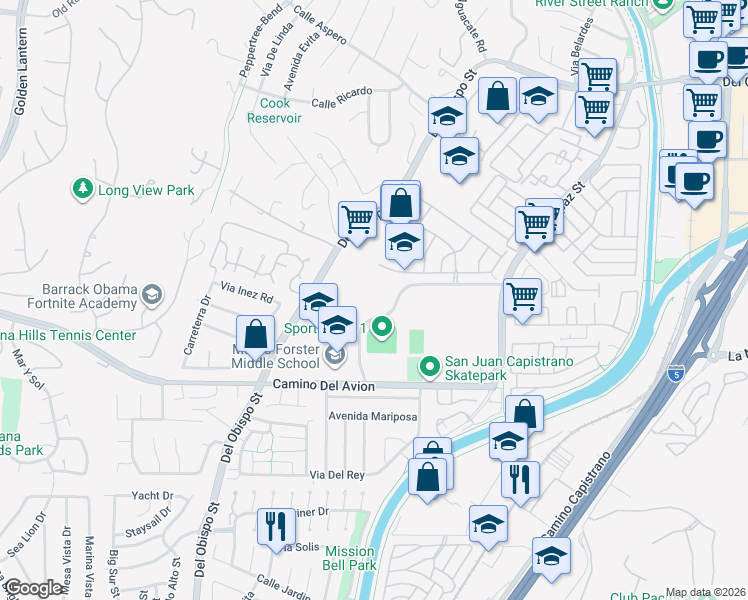 map of restaurants, bars, coffee shops, grocery stores, and more near 2 Via Aguila in San Juan Capistrano