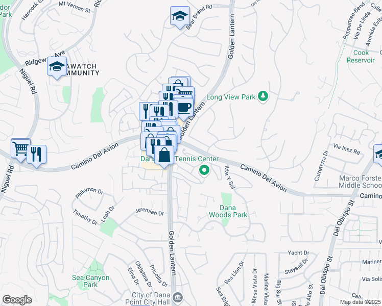 map of restaurants, bars, coffee shops, grocery stores, and more near La Paloma in Dana Point