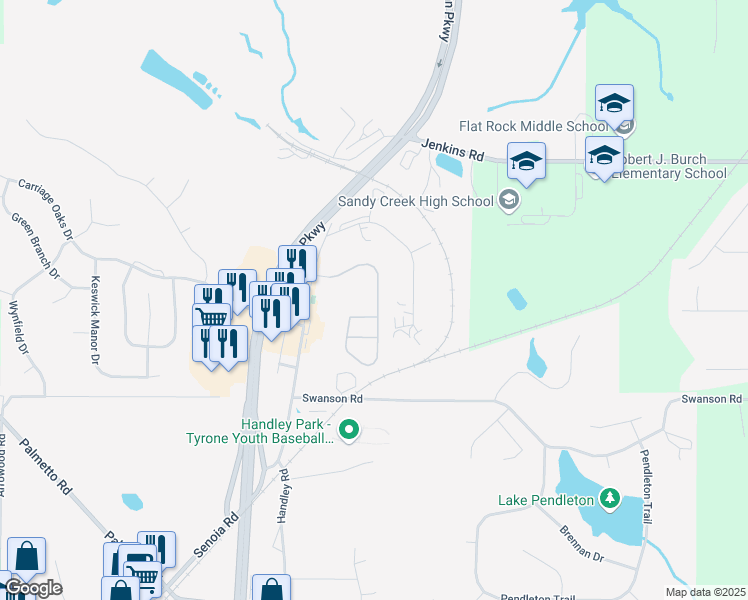 map of restaurants, bars, coffee shops, grocery stores, and more near 325 Millbrook Village Drive in Tyrone