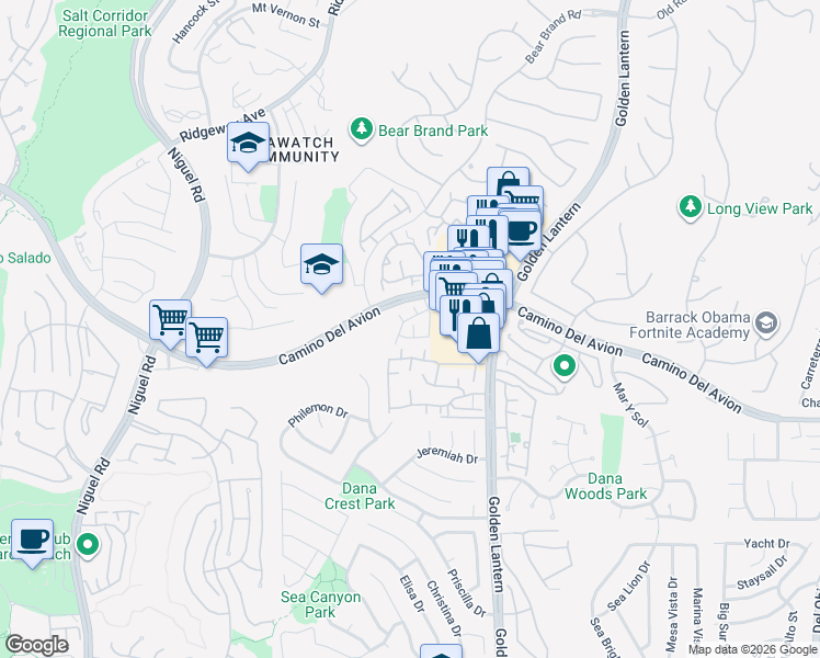 map of restaurants, bars, coffee shops, grocery stores, and more near 9 Silvertide Drive in Dana Point