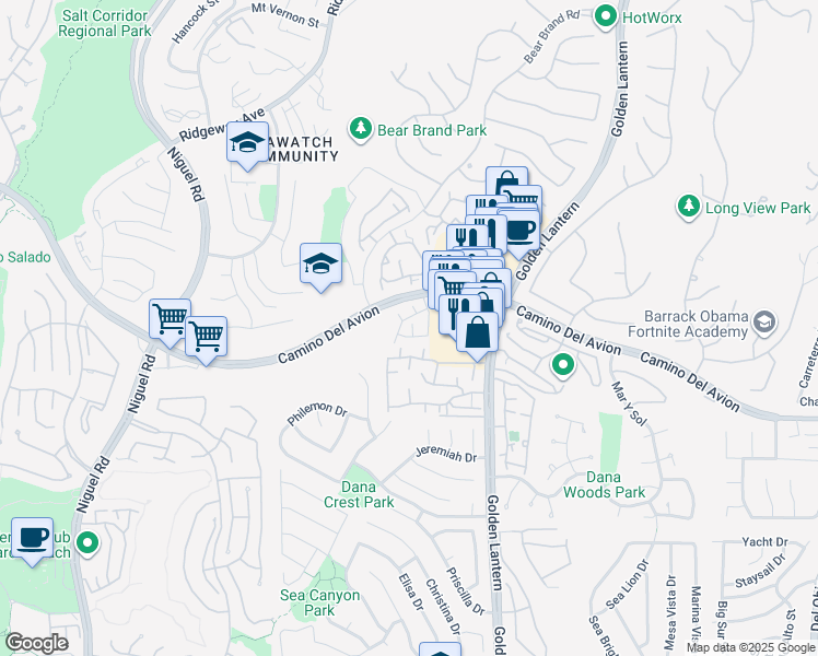 map of restaurants, bars, coffee shops, grocery stores, and more near 28 Bright Water Drive in Dana Point