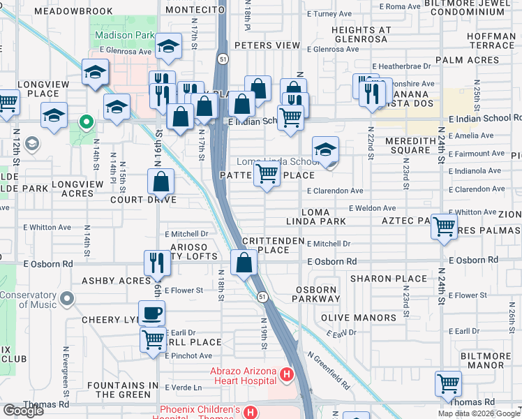 map of restaurants, bars, coffee shops, grocery stores, and more near 1902 East Weldon Avenue in Phoenix