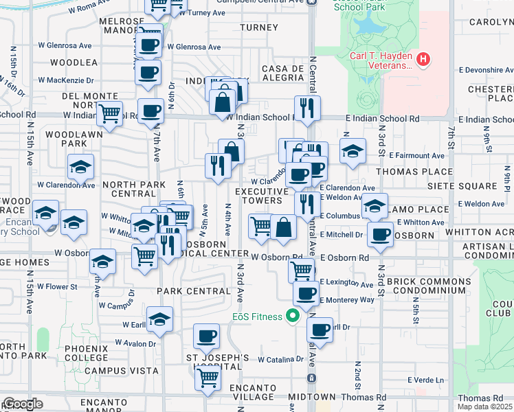 map of restaurants, bars, coffee shops, grocery stores, and more near North 2nd Avenue in Phoenix
