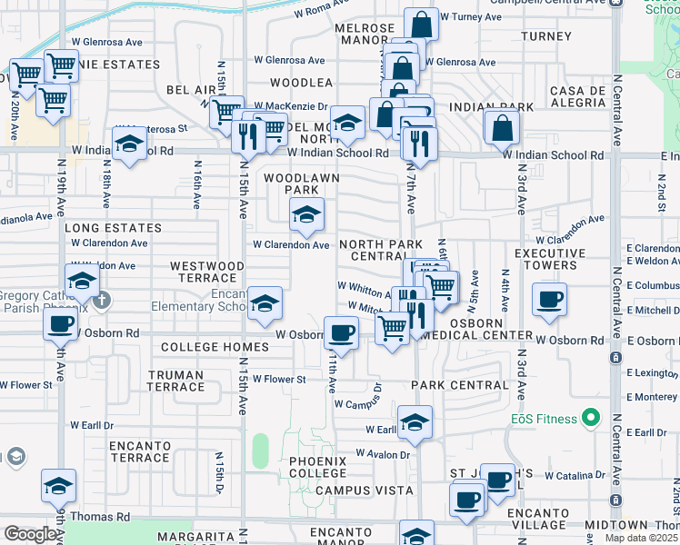 map of restaurants, bars, coffee shops, grocery stores, and more near 1225 West Clarendon Avenue in Phoenix