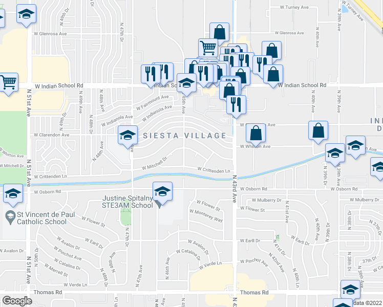 map of restaurants, bars, coffee shops, grocery stores, and more near 4428 West Mitchell Drive in Phoenix